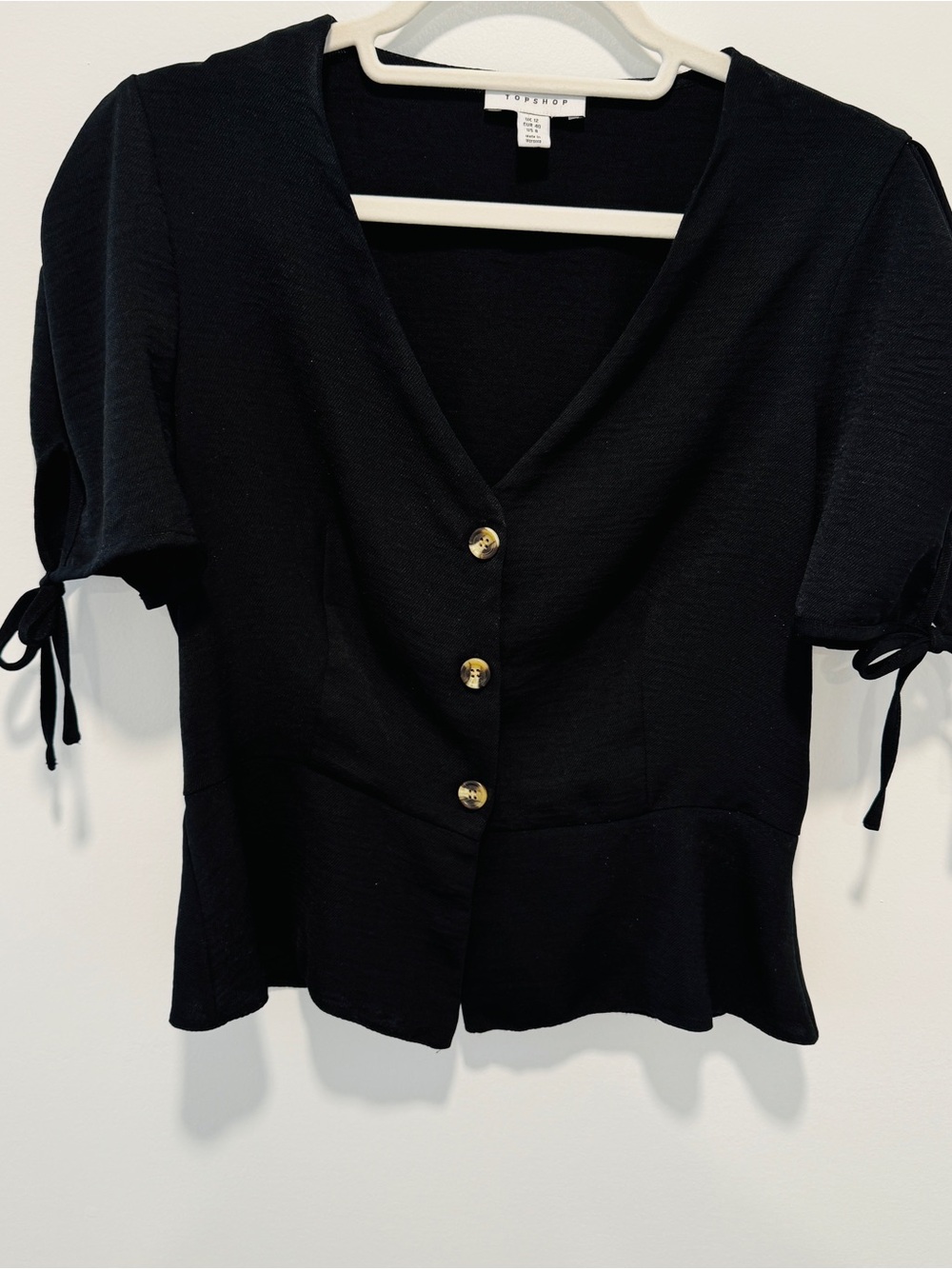 Topshop Black V-Neck Button Front Peplum Top with Tie Sleeves